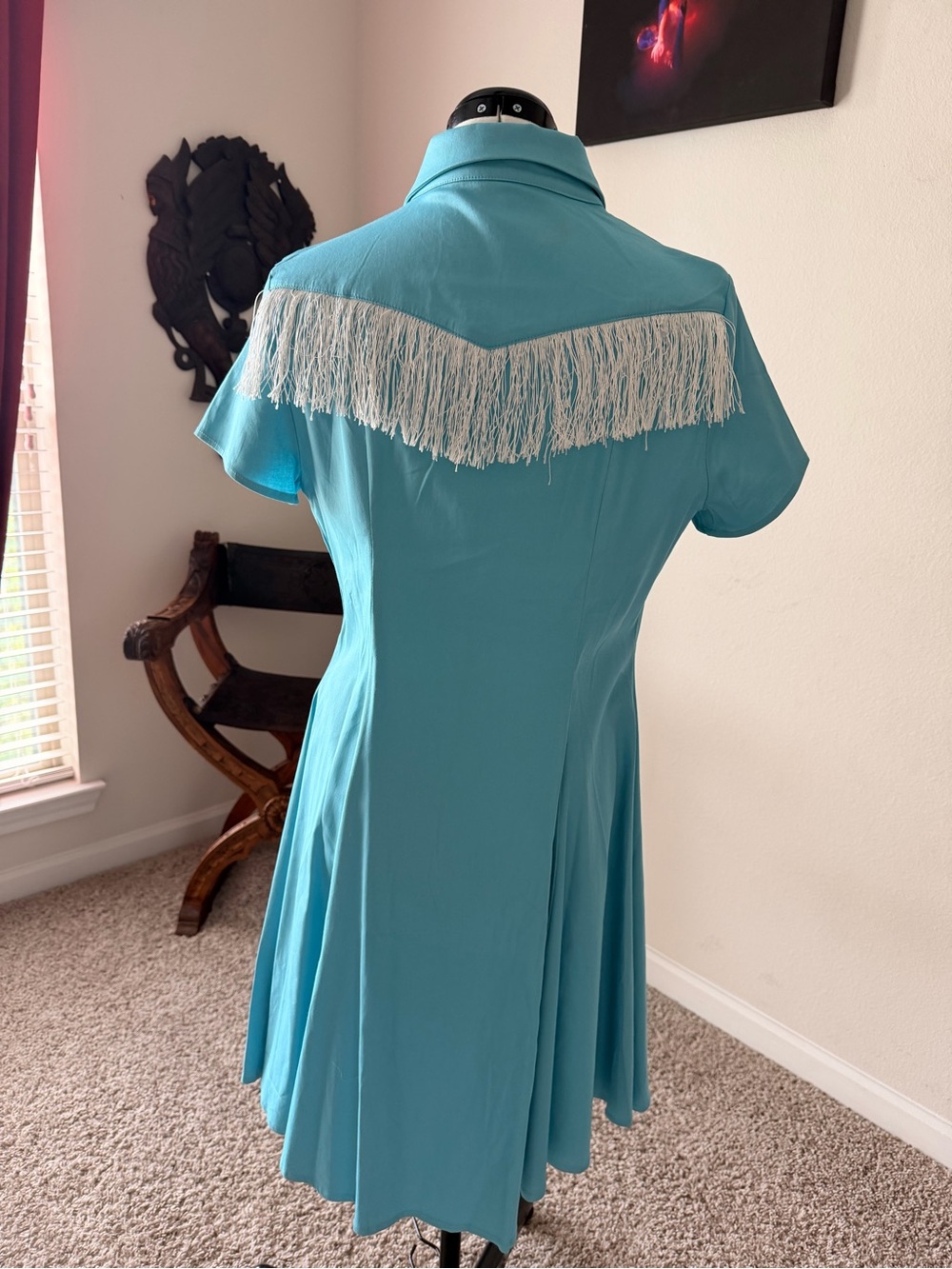 Turquoise Short-Sleeve Western-Inspired Pinup Mini Dress - Picture 2 of 4